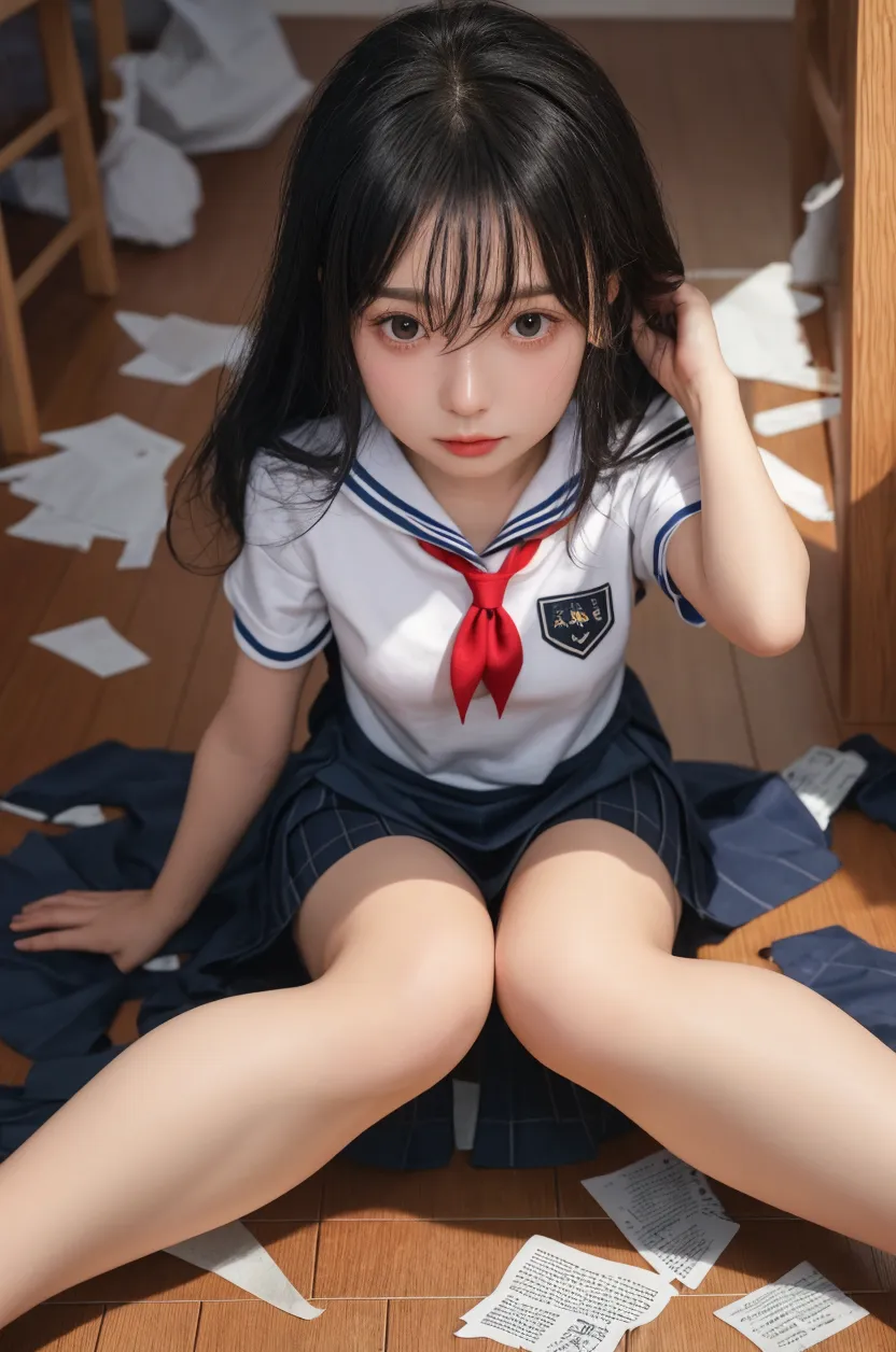 score_9,score_8_superior,score_7_superior, masterpiece, sauce_photograph, (Realistic:1.4), 4K, Simple Background, Amazing depth, Double Exposure, Surreal, Exquisitely crafted, Perfect balance, Deep and thin border, artistic photographrealism, Smooth,
One girl, 24-years-old, Japanese Girls, Teen, Young girl, (bangs:1.2), School_uniform, Sailor_uniform, short_sleeve, Crop top, Large Breasts, belly button, (mini skirt:1.2), Knee-high socks, loafers, Hands behind back、Are crying、(Lie down and sleep:1.2)、(Tatami room in a Japanese house:1.2)