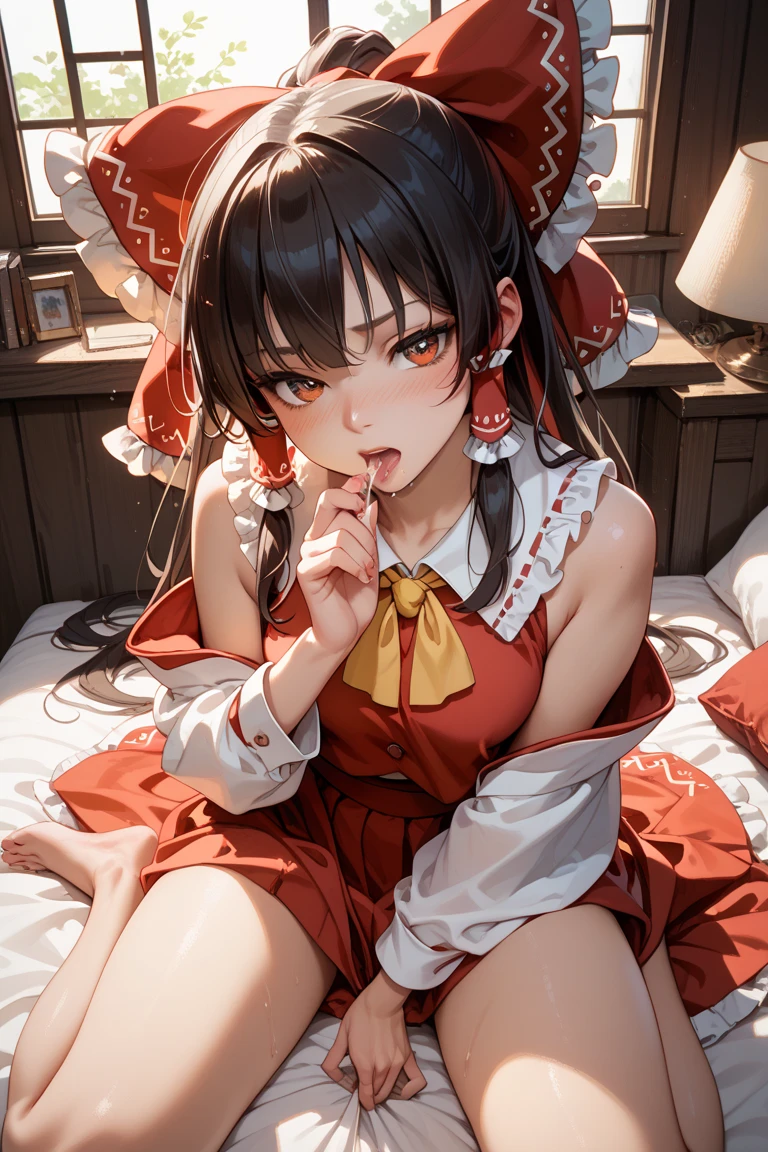 (Reimu Hakurei Clothes、tear) (Subjective View from directly above) (1boys, vaginale,sex) (Bed)
