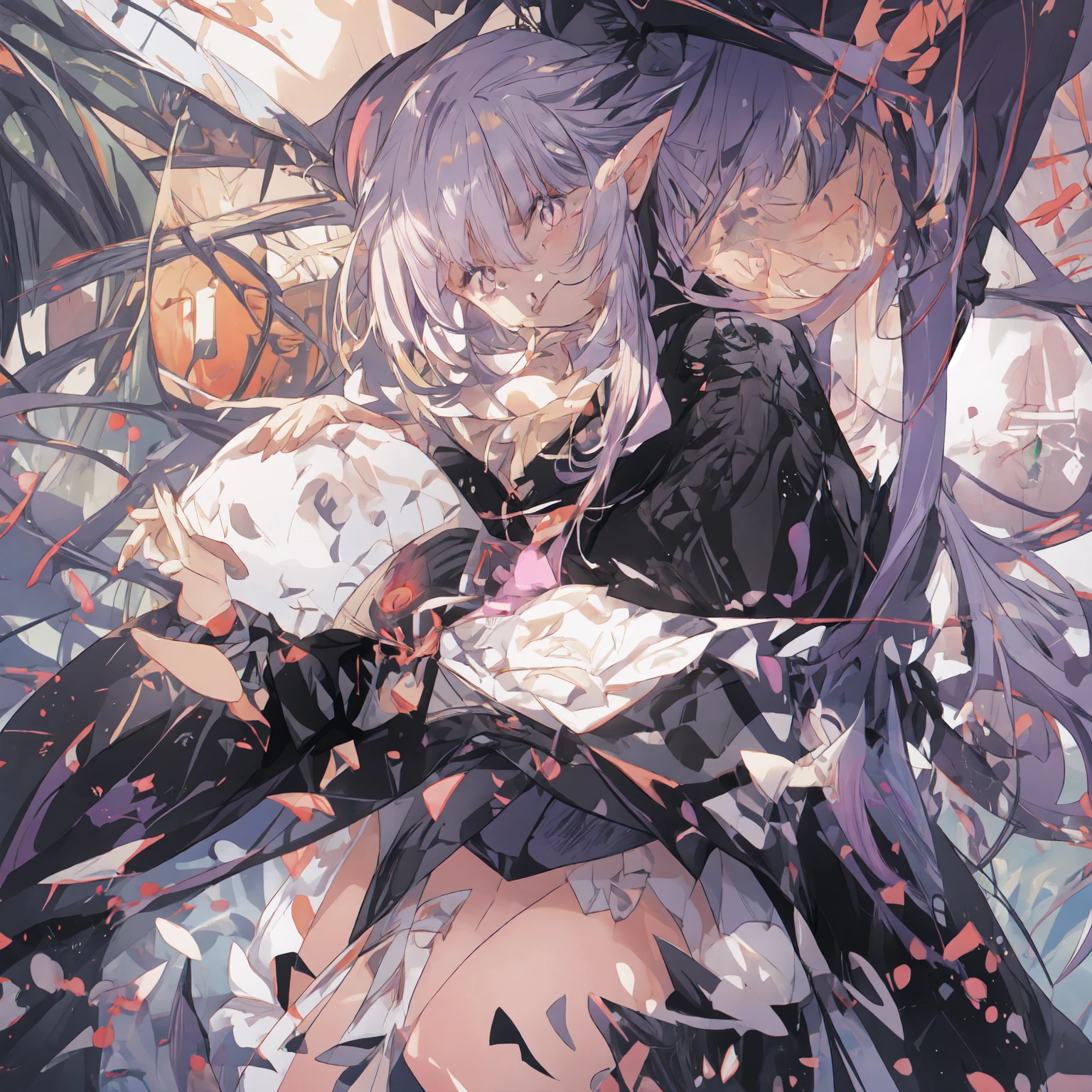 White-haired girl wearing black latex clothing and black stockings,White-haired girl with red eyes,The white-haired girl stretches out her black and red tentacles,Tentacles wrapped around white-haired girl。White-haired girl drains human husband dry,Mouth sucking human husband's bodily fluids。。White-haired girl in black latex plays with human husband。White-haired girl shows huge breasts。The two lay on the bed