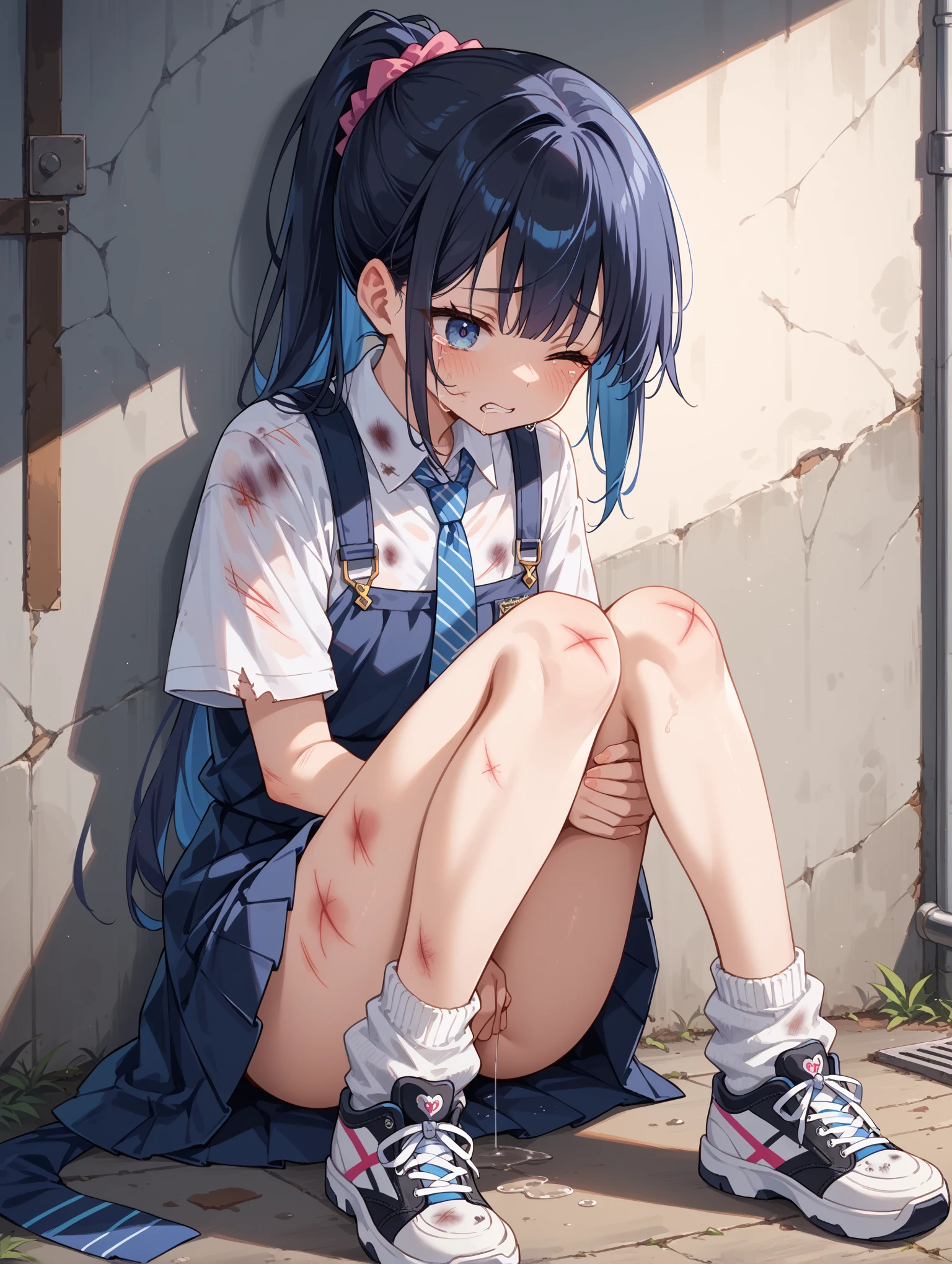 ((masterpiece,Highest quality:1.3,best quality illustration)),cowboy shot,独奏,1woman,18 year old beauty、black hair,short bob hair,bangs,black eyes,(gorgeous big eyes),((very small head:1.3)),crying,tears,((skinny:1.2)),((tan skin:1.4,Injury:1.4)),small breasts,naked,nipples、navel,vagina,gleaming skin,oily skin,slender body,sweat,kneeling,arms behind back,spread legs,(Punishment、Whipping)、floor、classroom、School、Tokyo、BDSM,nsfw,