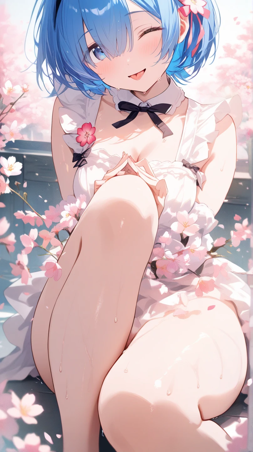 Very detailed, highest quality, High resolution, Moe Anime, ((A cute girl with black hair and droopy eyes looks back)), (Baby Face), Embarrassing, Cute eyes, Detailed eye depiction, Sparkle in the eyes, Blue Eyes, View your viewers, Pale skin, Focus on the face, In the park with cherry blossoms falling, (On all fours:1.4), (((From the back:1.2))), ((Sheer white lace sleeveless dress)), ((Open your mouth wide)), Bright Eyes, Very short hairstyle, Pink ribbon, ((Small Ass:1.4)), ((White lace string panties)), ((nsfw))