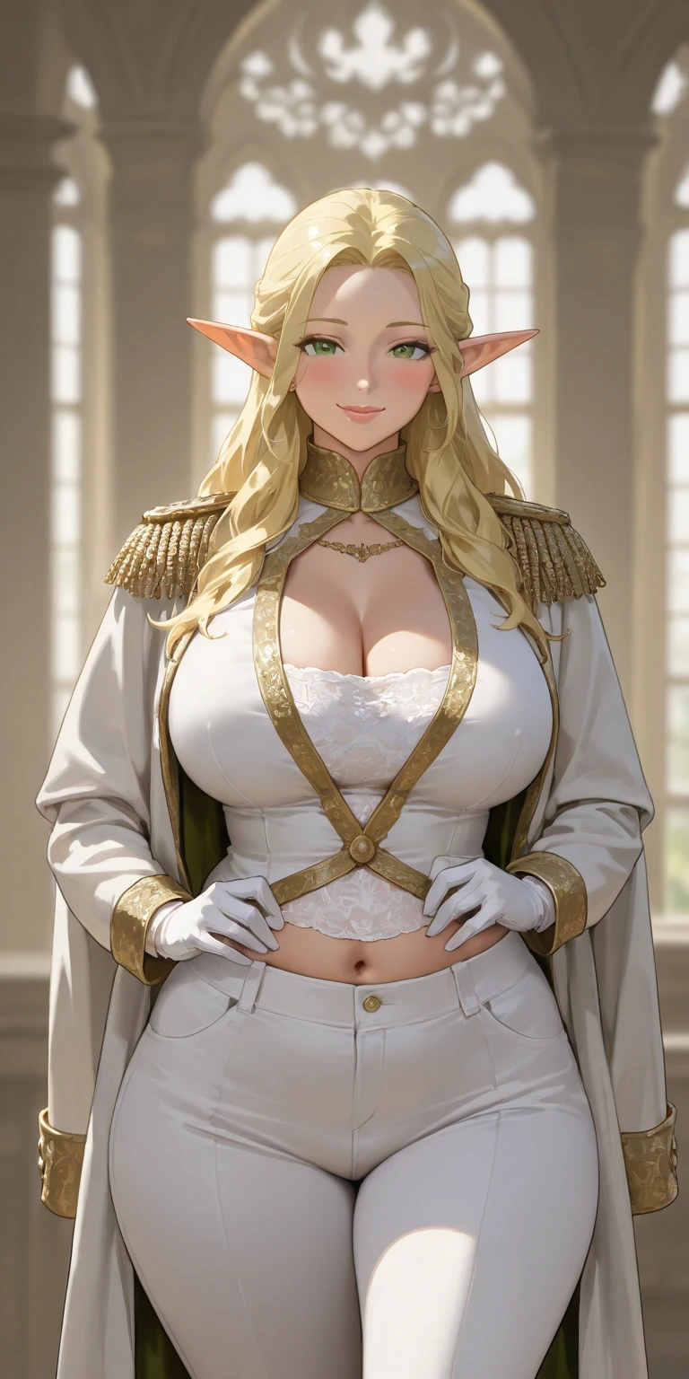 Lonely young adult girl, Tall stature, little chest, closed mouth, Slavic appearance: Green eyes; blond hair; sharp facial features; dimple on the chin; Straight nose; high nose; pronounced high cheekbones; high forehead, stands upright, (gigantic breasts:1.4), detailed face, military uniform: double-breasted overcoat; pants, Full-length painting, leather gloves