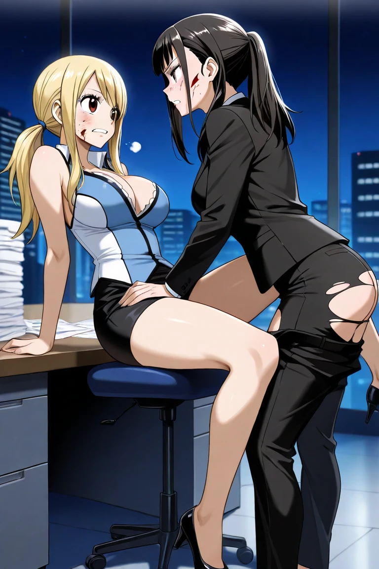 Nsfw, futanari penetrating female from behind, nude,(((1girl,1futa,sex from behind, imminent vaginal ))),(((ripped panties, ripped bra))),Nsfw, sex, sensual scene,(((chain binding body:1.5))),(arms behind back return:1.3),(sensual expression), restrained things ,restrained by chains, tightly shackled and confined ,collar around throat, highest quality, High resolution, long hair, blue eyes, blonde hair, (large breasts:1.2), huge breasts, exposed breasts, exposed genitalia, BREAK skirt, thighs highs, black stockings, Looking at the viewer, aim at the enemy, sensual scene, NSFW,