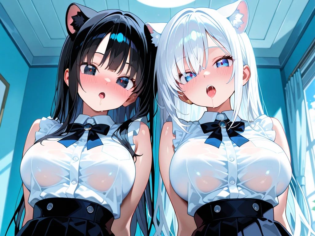 Twins, similar appearance, cat ears, blue eyes, the first one has white hair and white lace clothes, the second one has black hair and black lace clothes, their cheeks are pressed together, they hug each other, close-up of their faces