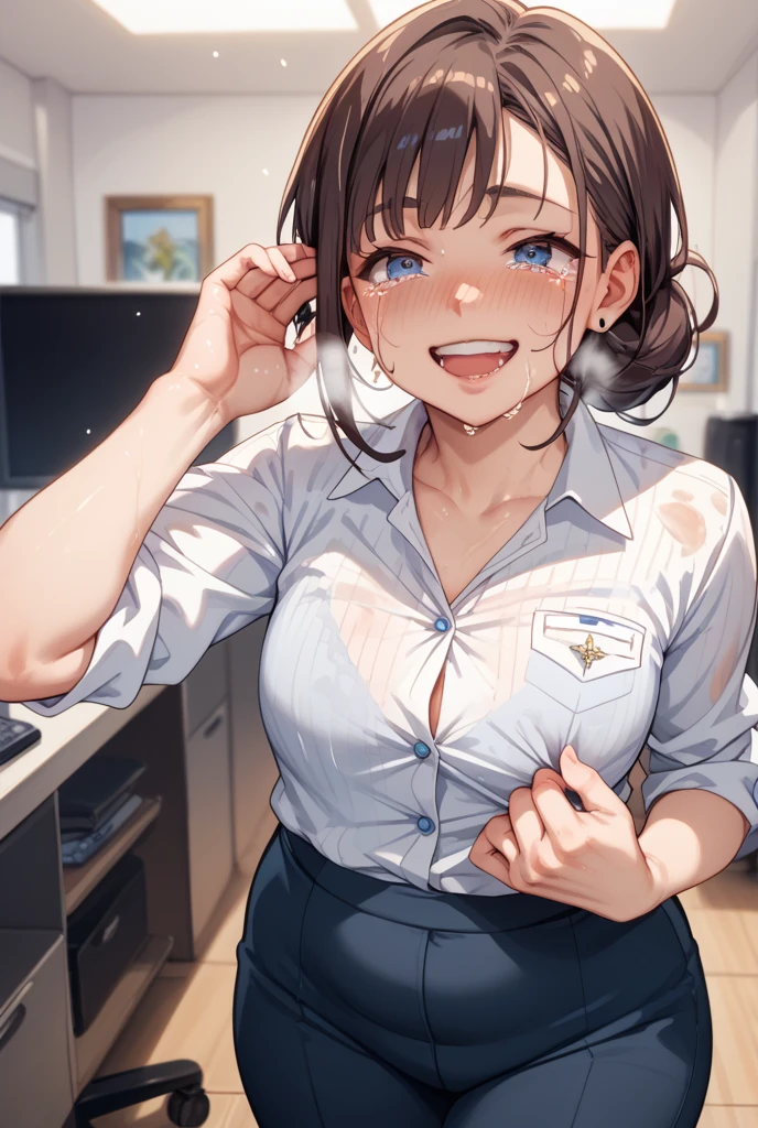frame in, from right in front of face and body, view straight on, upper body, High quality, very high res, High quality, very high res, cute girl, brown hair, forehead, blunt bangs, bob cut, blush, blush, Brushed up bangs, wearing a plain t-shirt, shirt lift, medium breasts, pale pink nipples, I can see your belly button, upright, herarms behind one's back, naughty way to sit, (((pov both hands her breast grab))), smile, leaning forward, at office