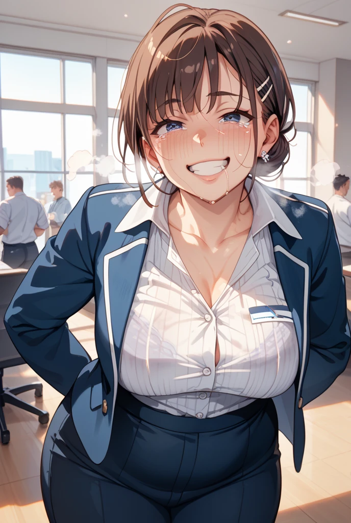 (((masterpiece, highest quality:1.2))),cowboy shot, beauty,solo,dark brown hair,short bob hair,brown eyes,blunt,skinny,medium breasts,shiny skin,oily skin,sweat,smile, BREAK Wearing 、Navy blue blazer、Blue tie、Navy blue checkered pleated mini skirt、 BREAK ,standing,School building、Daytime、