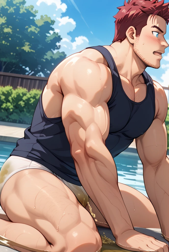 male, (japanese mature daddy swimming coach), (naked upper body), (wearing transparent swimming underwear), handsome, muscular, hairy, (blush), (posture with arms crossed), middle aged man, homoerotic, standing, realistic, night, delicate eyes, hairy legs, erection upward, (tiny penis in transparent swimming underwear)