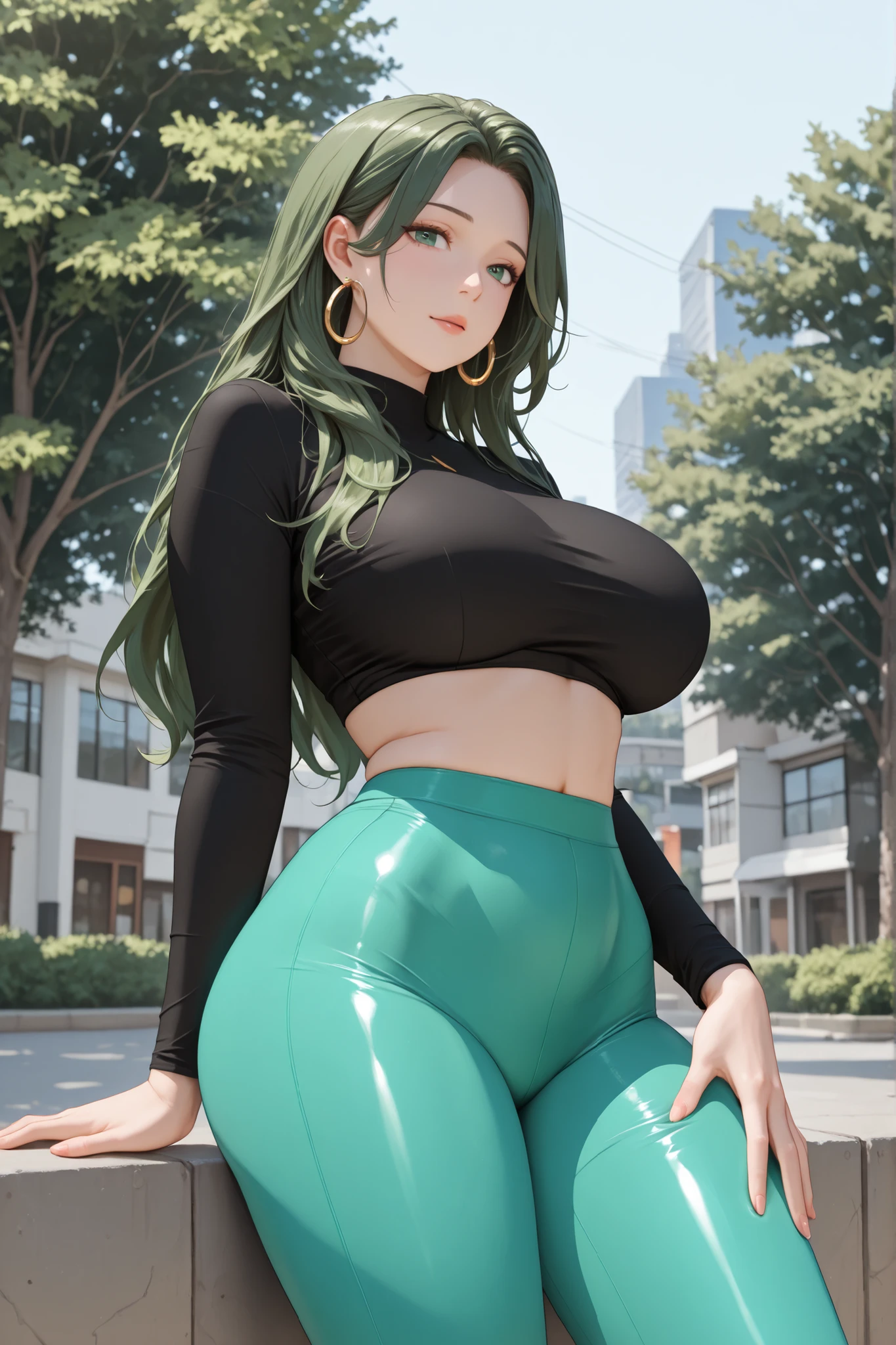 girl with top-quality masterpiece 超A high resolution Green hair Colossal tits Leather Jean leather pant