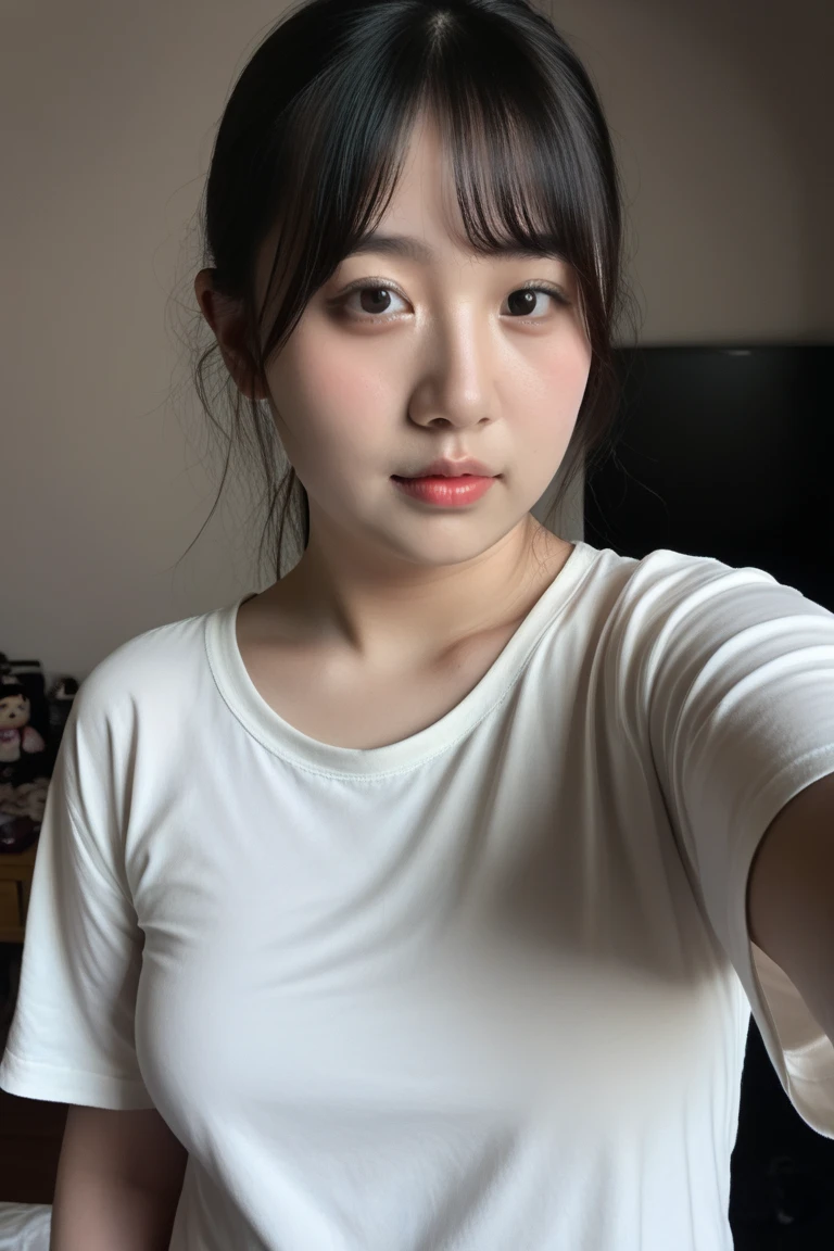 Highest quality、8k、masterpiece、Realistic, Sharp focus, High resolution, High resolution, Portraiture, alone, Japanese, Beautiful woman, From above,((Dynamic pose)),Blouse with cleavage visible, Glamour body,(Cluttered Background, Messy room:1.3), Dark Background、((Open your mouth、close your eyes))