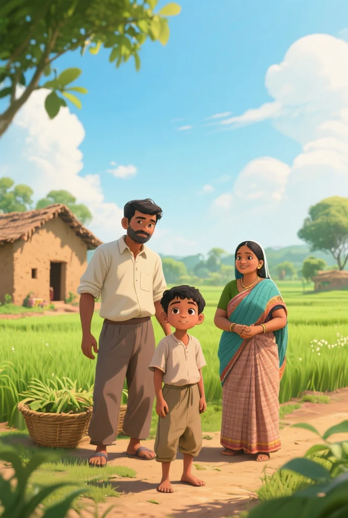 An image of a small, simple village setting with a humble hut. Ramu, a young boy with a bright, hopeful expression and sparkling eyes, is sitting with his loving parents. Ramu holds a worn-out flute in his hands, with a backdrop of green fields and a serene village atmosphere.
