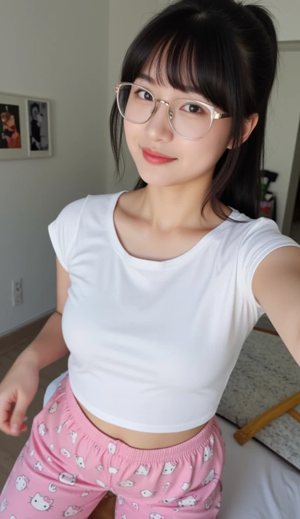 Underwear is small,short hair,beautiful girl,genuine,super beautiful,wearing a t-shirt,Glasses ,black hair,not wearing pants,NSFW