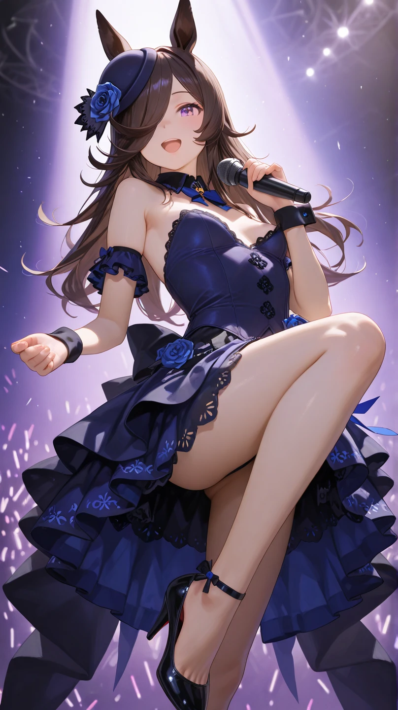 A close-up of a beautiful girl wearing a dress on a stage, anime girl, from behind, wearing a purple idol costume, short sleeves, choker with a bow, low-cut chest, long white stockings with lace, looks like a model, looking back to the viewers, shakes her ass, singing and dancing on a stage, have a microphone, dark brown hair, wavy hair, long hair, expressive hair, flowers hair ornament, swept bangs, long bangs, aqua eyes, detailed eyes, bright eyes and pupils, blush, joyful expression, purple hair ribbon, crystal earrings, smile, red lips, glossy lips, open mouth, tongue, upper teeth, singing happily, big rounds breasts, thin waist, perfect arms, defined thighs, thin legs, sexy pose, white lace panties, high definition, natural light, high detail, anime, dithering, image fill, perspective, Wide-Angle, f/1.8, 85mm, Sony FE GM, 8k, 8k wallpaper, super detail, highly detailed CG, UHD, retina, masterpiece, accurate, anatomically correct, textured skin, highres, best quality:1.3, 16k
