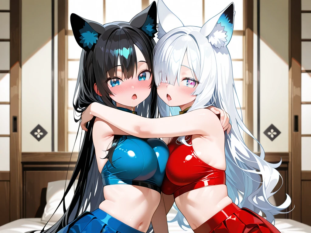 a close up best cat eared waifu posing in a hospital room, licking own lips, big breast, white dress, short skirt, blue hair, (full body:0.6), blushed face, pixiv contest winner, best anime artstyle, extremely detailed eyes, beautiful eyes finely detailed,