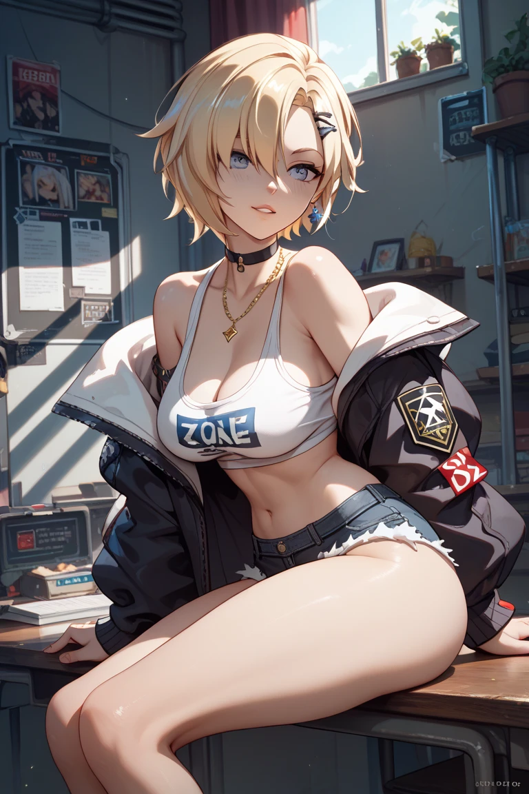 ((masutepiece, Best Quality;1.3)), ultra-detailliert, 8k unity wallpapers, nffsw, Ray tracing, Illustration, Colorful, cinematic shadow, extremely detailed and beautiful background,nffsw, VRay Shadering,nffsw, 1girl in, 20s, Adult, blush, Solo, Blue eyes, (blush), (The Blonde of), (Short Hair), (Large breasts), Slim waist, White glowing skin, extremely detailed beautiful face, Beautiful face, Beautiful eyes, (Talented lo-fi:1.3), Naked, Sexy, obscenity, Black tank top, cleavage, (Skindentation), Navel, denim, Denim shorts, Jacket, Long sleeves, Open your clothes, Open jacket, partially unzipped, Red jacket, Shirt, Short shorts, Shorts, Tank top, Track jacket, Unzip, close-up, blazing, Glowing light, ultra-detailliert, Scenic, Atmospheric