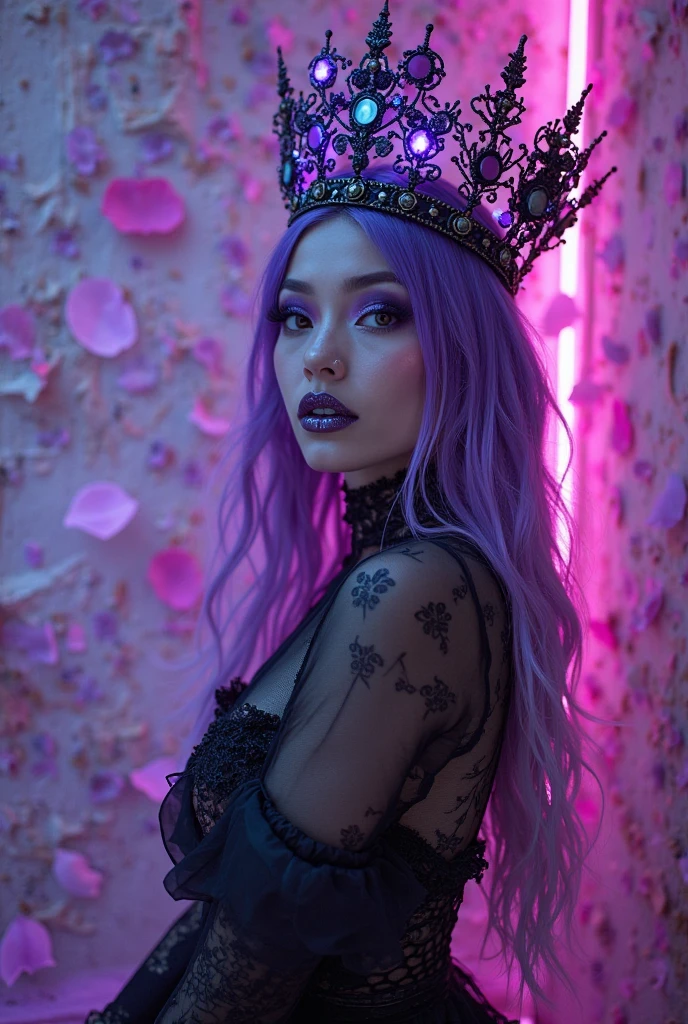 create an illustrative scene Image A young woman wears a crown on her head in a luxurious room, filled with modern decor and expensive equipment. She is lying on a king-size bed with silk sheets, surrounded by pillows. The room is softly lit by colorful LED lights.. She is using a smartphone, with several (Black-skinned woman Beautiful brunette with a perfect body, beautiful, big, perfect breasts, wide, thin thighs, perfect, everything perfect,) ((Art Style Full Length View, piano completo))characteristics (Purple and black straight hair style, wavy, prisoner, Loose) ( Clothing Style ) ( glasses Tattoo style Full Body):Lábios pintados de preto e purple,eye-catching makeup, styles and colors (purple, cerulean) in some scenes. Different in each scene, with luxurious pieces and jewelry, varying for styles, .8K uhd, high qualiy, volumetric light, photoshot, high resolution, 4K, 8K
