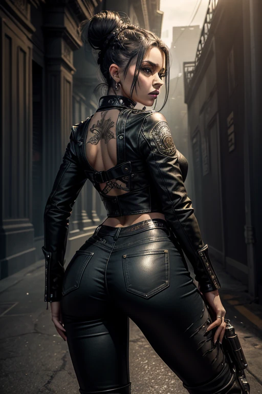 teen emma watson dressed as jason voorhees. tight shiny work pants, thigh high leather boots, crop work shirt. standing. Rear view. underboob. background moon.