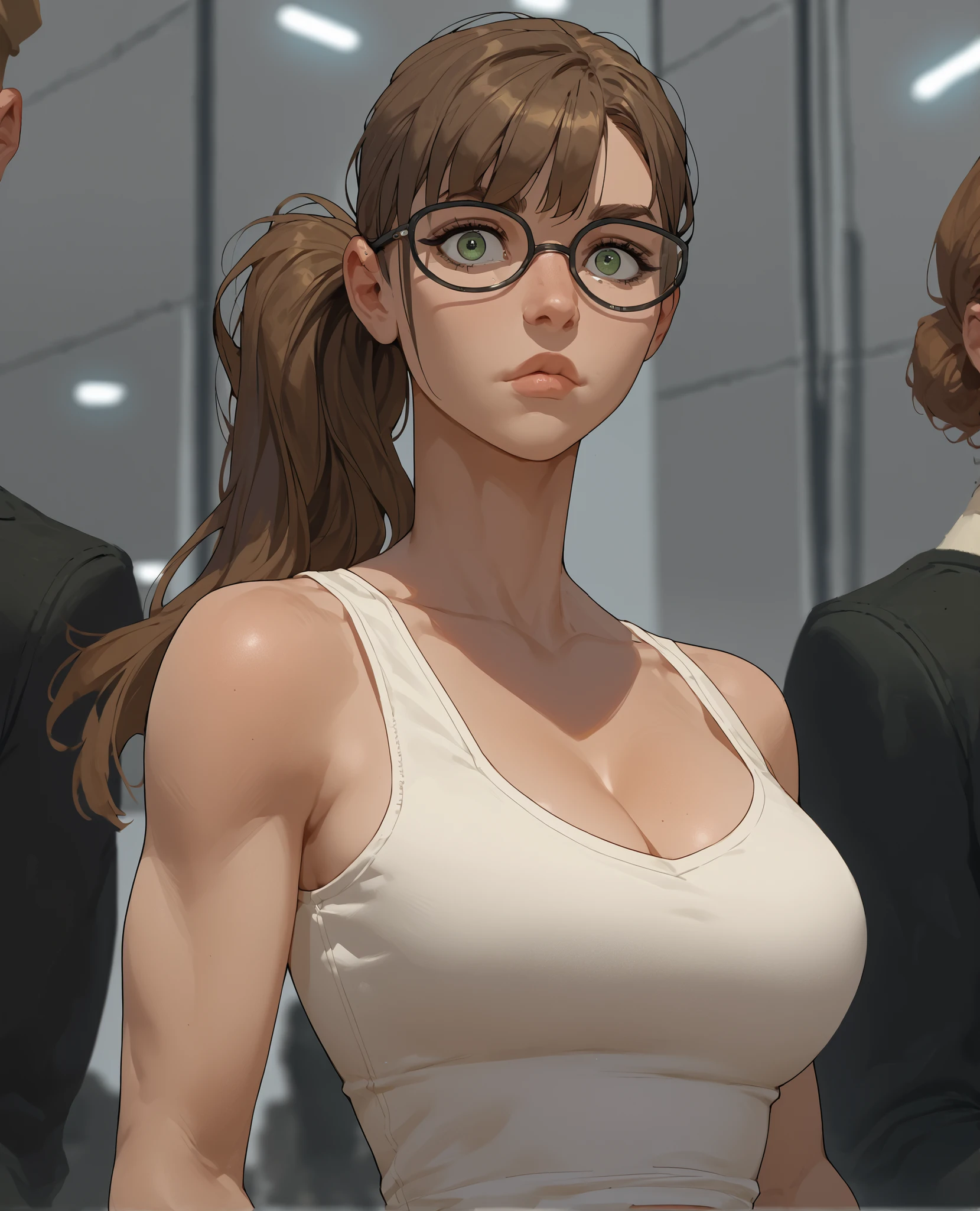 girl and boy,beautiful face,, muscular female, alternate muscle size,hospital,pecs,muscular ,biceps,upper body,blush,glasses