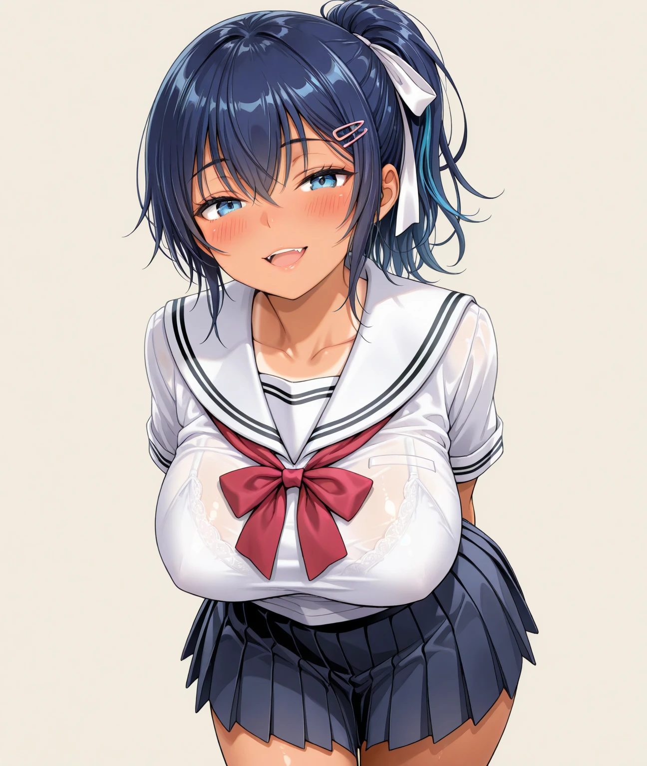 score_9, score_8_up, score_7_up, score_6_up, uncensored, kirishima touka, blue hair, hair over one eye, short hair, blue eyes, BREAK (masterpiece:1.2), best quality, high resolution, (detailed eyes:1.3), perfect lighting, (perfect hands, perfect anatomy), 1girl, breasts, black_gloves, gloves, navel, rating:questionable, looking_at_viewer, solo, skirt, pasties, standing, school_uniform, serafuku, thighhighs, shirt, revealing_clothes, short_sleeves, pleated_skirt, skirt lift, fundoshi, excessive pubic hair