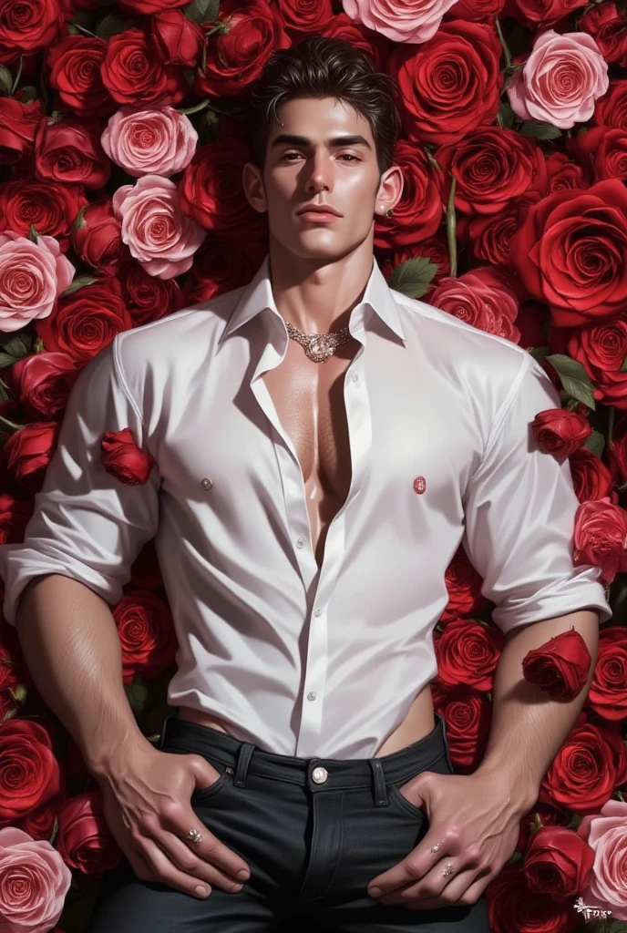 ((realistic photo)), handsome guy, 20 years old, wearing nothing completely naked,correct looking penis, well-shaped penis, smooth penis and balls , revealing his huge muscular thighs, carrying a red rose ((raised in front of his chest), sculpted body, Korean hair, sharp eyes, perfect face, perfect body curves, sculpted muscles , facing forward. Roses in background, Location of the Greek kingdom.