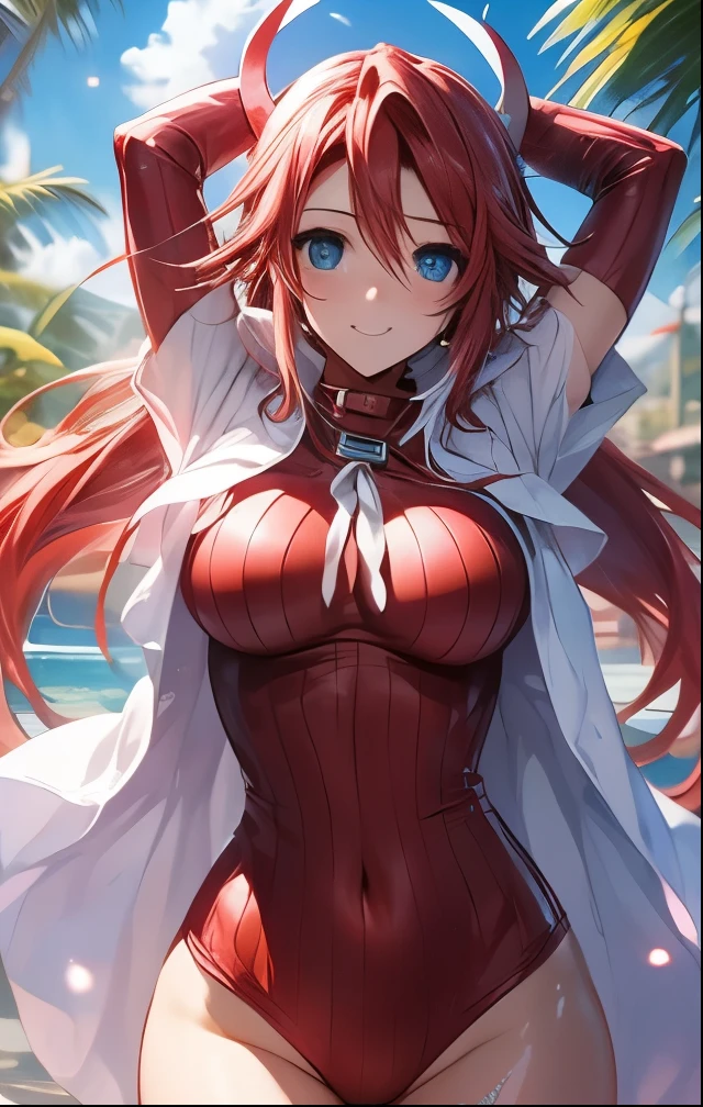 ((Highest quality))((High resolution))nakano itsuki, Red long hair, Star hair ornament, Ahoge, bikini, smile, Big Breasts, ((Nude)),((erect nipples))