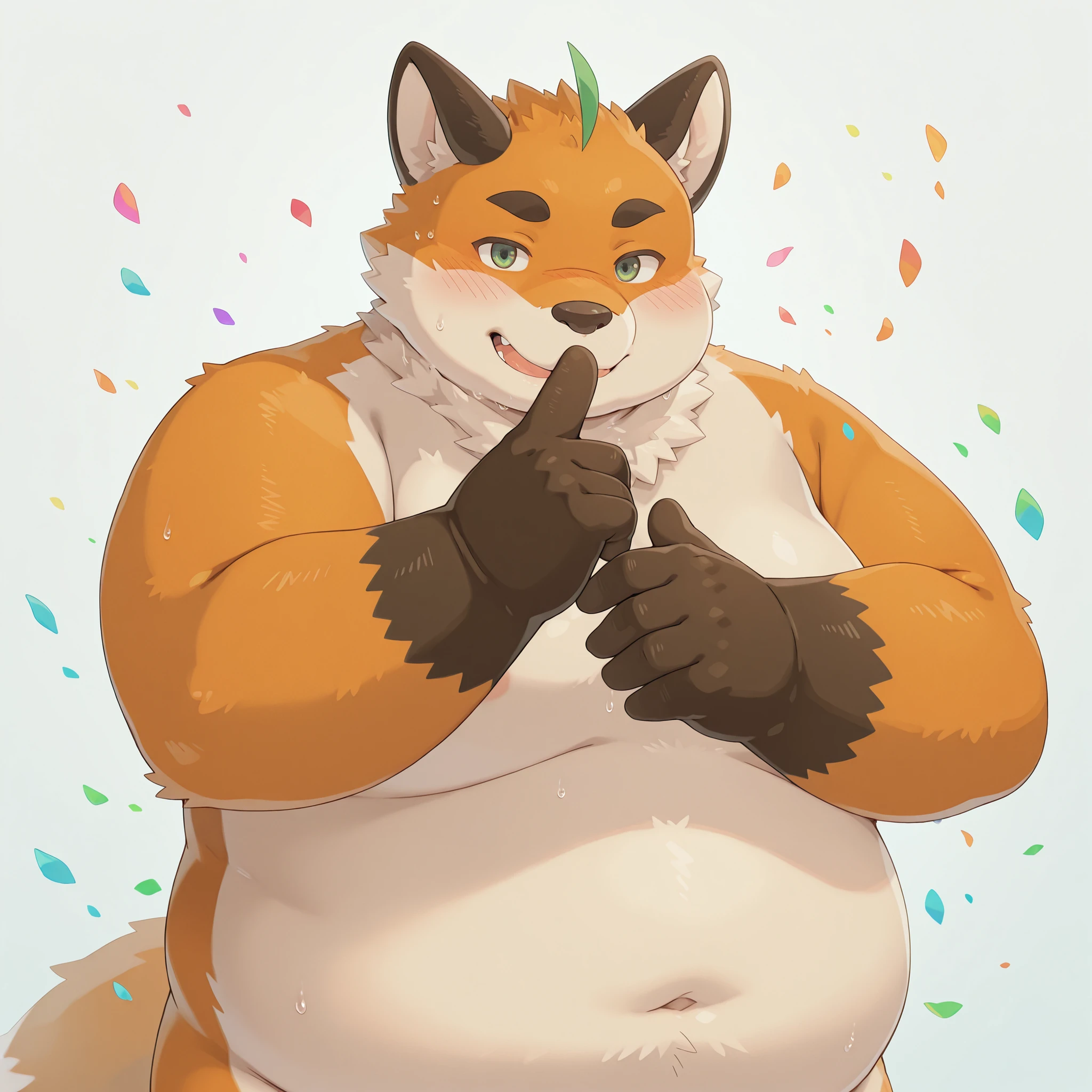 masterpiece, Highest Quality, great quality, colorful, lively, very aesthetic, naked, fox boy, 1 boy, chubby、Being overweight、fat face、,blush、(Iyo ), covering own mouth ,Keep it a secret, Raise index finger to mouth.
