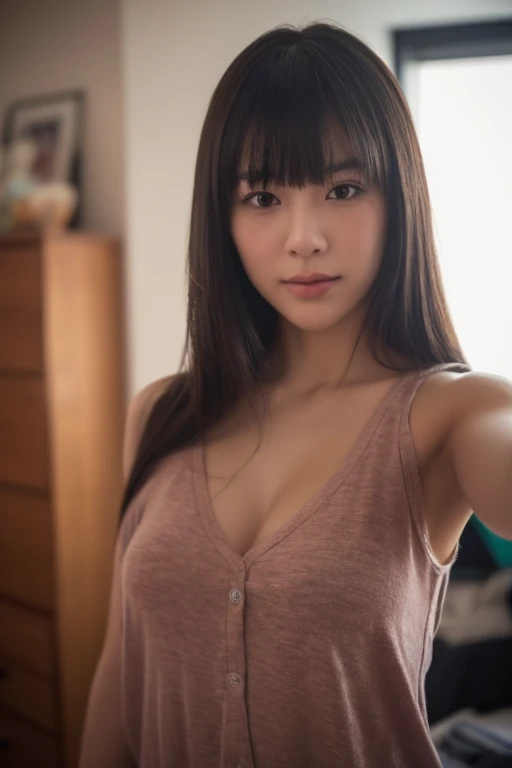 Top Quolity, A beatiful woman, super short hair, shy smile, nestled in the plush, white linens of her hotel bed, captures a serene (selfie:1.8) just after waking up. She’s wearing a soft, silk nightgown, with the morning light filtering through sheer curtains behind her. Her expression is peaceful, embodying a relaxed start to the day. The opulent headboard and the fluffy pillows frame her, highlighting the luxury of her surroundings