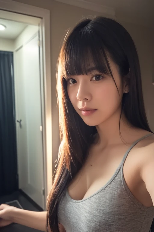 A selfie taken by a fair-skinned Japanese woman bending forward。Wearing a tank top。When bending over, her chest is completely visible。昼の明かりのliving。living。Selfie style。The focus is on the chest。