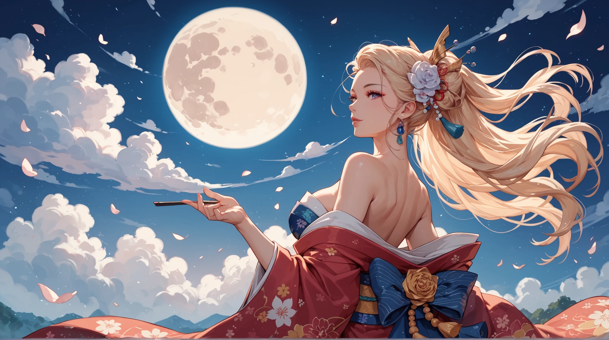 female,  beautiful woman in kimono , exposed shoulders,     full moon,  Floating clouds,    Beauty under the Moon,  Tsukimi Kaka