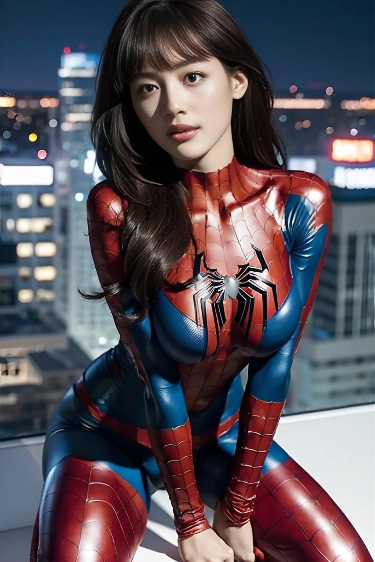 (best quality,ultra-detailed,realistic:1.37), digital illustration, ( woman wearing a spiderman costume), detailed eyes and face, beautiful detailed lips, red lips, sexy body, big breasts,long eyelashes, big breasts:1.5, Close-up photo, woman wearing a spiderman costume, long hair, ((Take a photo from below the thigh)),vibrant colors, dramatic lighting, comic book style, woman wearing a spiderman costume, position:sitting, seductive pose, skyscraper background, view dark sky, tall buildings