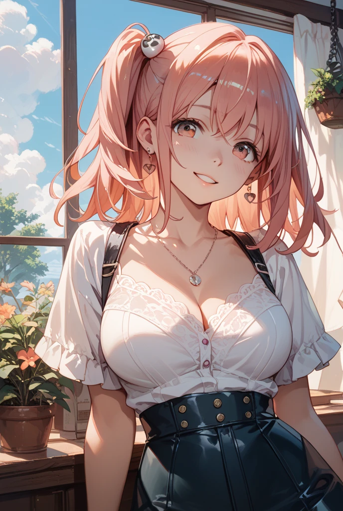 (masterpiece:1.3, top-quality, ultra high res, ultra detailed), (cleavage:1.4),(realistic, photorealistic:1.4), beautiful illustration, perfect lighting, natural lighting, colorful, depth of fields, surrealism,   (embarrassed,blush:1.3),
beautiful detailed hair, beautiful detailed face, beautiful detailed eyes, beautiful clavicle, beautiful body, beautiful chest, beautiful thigh, beautiful legs, beautiful fingers, shiny skin, 
looking at viewer, 1 girl, japanese, high school girl, (perfect anatomy, anatomically correct, super detailed skin), cute and symmetrical face, babyface, perfect face, perfect eyes, 
(middle hair, two side up, pink hair), crossed bangs, purple eyes, drooping eyes, big eyes, long eyelashes, (large breasts, seductive thighs, skindentation), slender, outstanding style, 
((detailed cloth texture, white collared shirt, blue pleated skirt, dark red neck ribbon), black thigh-highs, loafer), 
(beautiful scenery), late afternoon,hands on chest, (lovely smile, upper eyes, open mouth small),