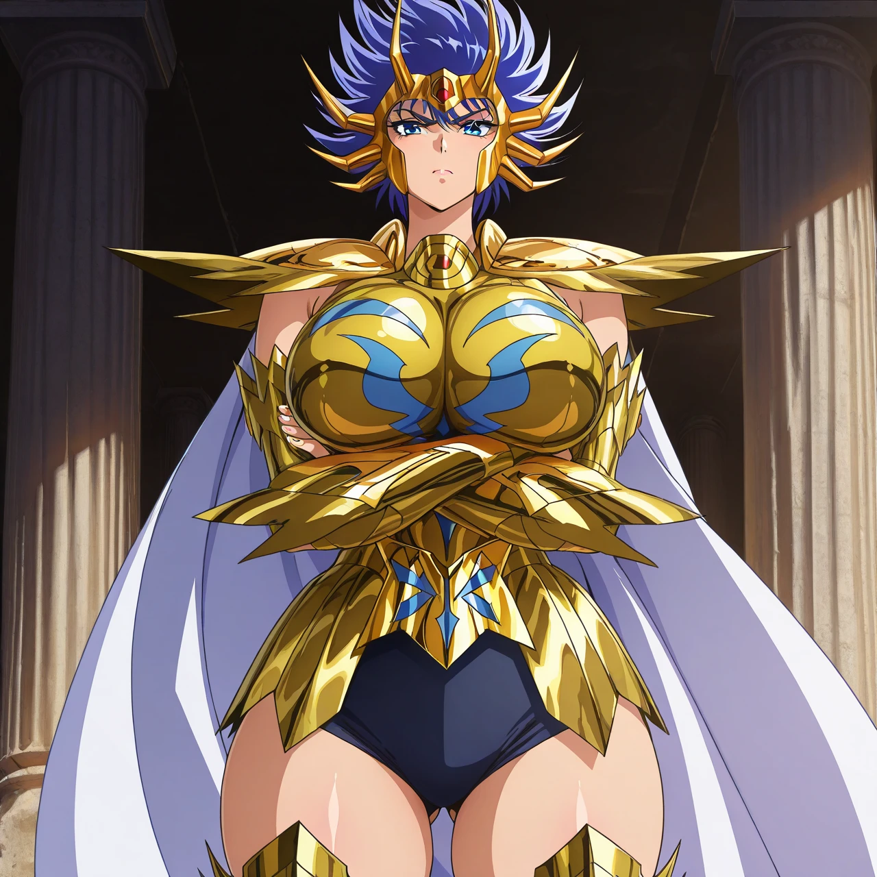 Akane tendo, cabello azul, Cabello corto, ojos azules, ojos detallados, cara de placer, muslos, pechos grandes, cuerpo completo, pose vulgar, vulgar, pechos vulgares, escote muy grande, senos grandes, armadura dorada, Saint Seiya Zodiac, Zodiac Sagittarius gold Armor, armadura brillante, sexy Armor, pose sexy Cleavage Bulge, bursting Breasts, Spilling Out