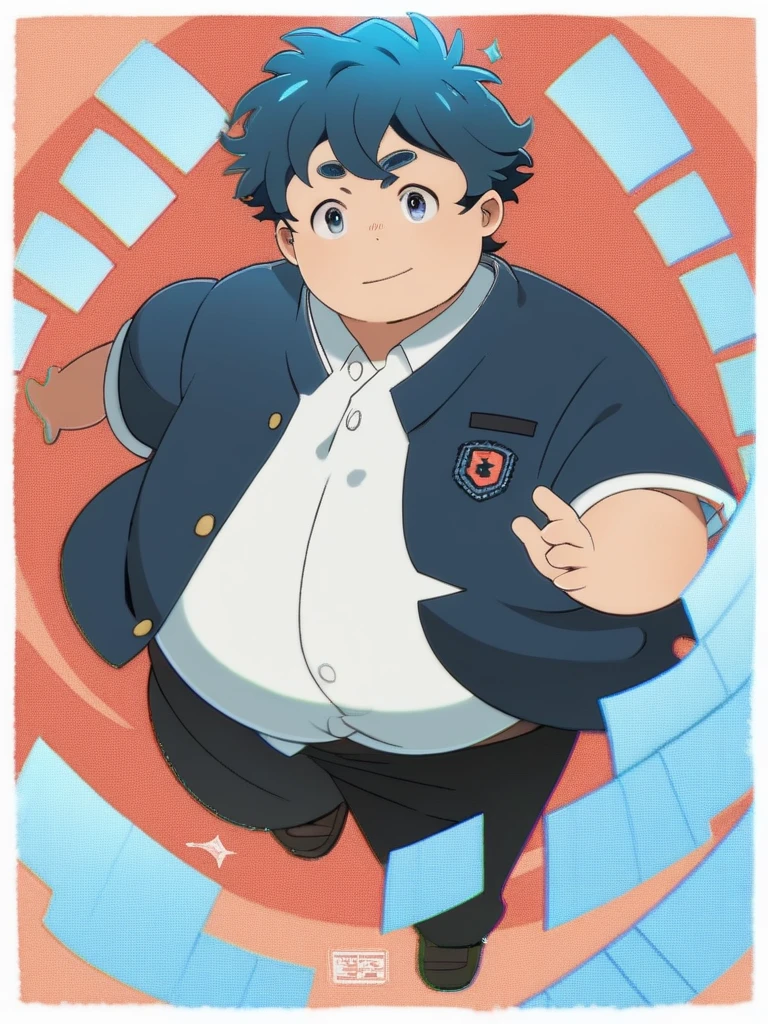 Full Body Blue, Body Noise-Sensing, as a computer folder, Wearing School Uniform, chubby , cute, with a big belly to reveal clothes, junior high school student, Fatty, No Glasses , With hair, Overweight, Big belly, anime style