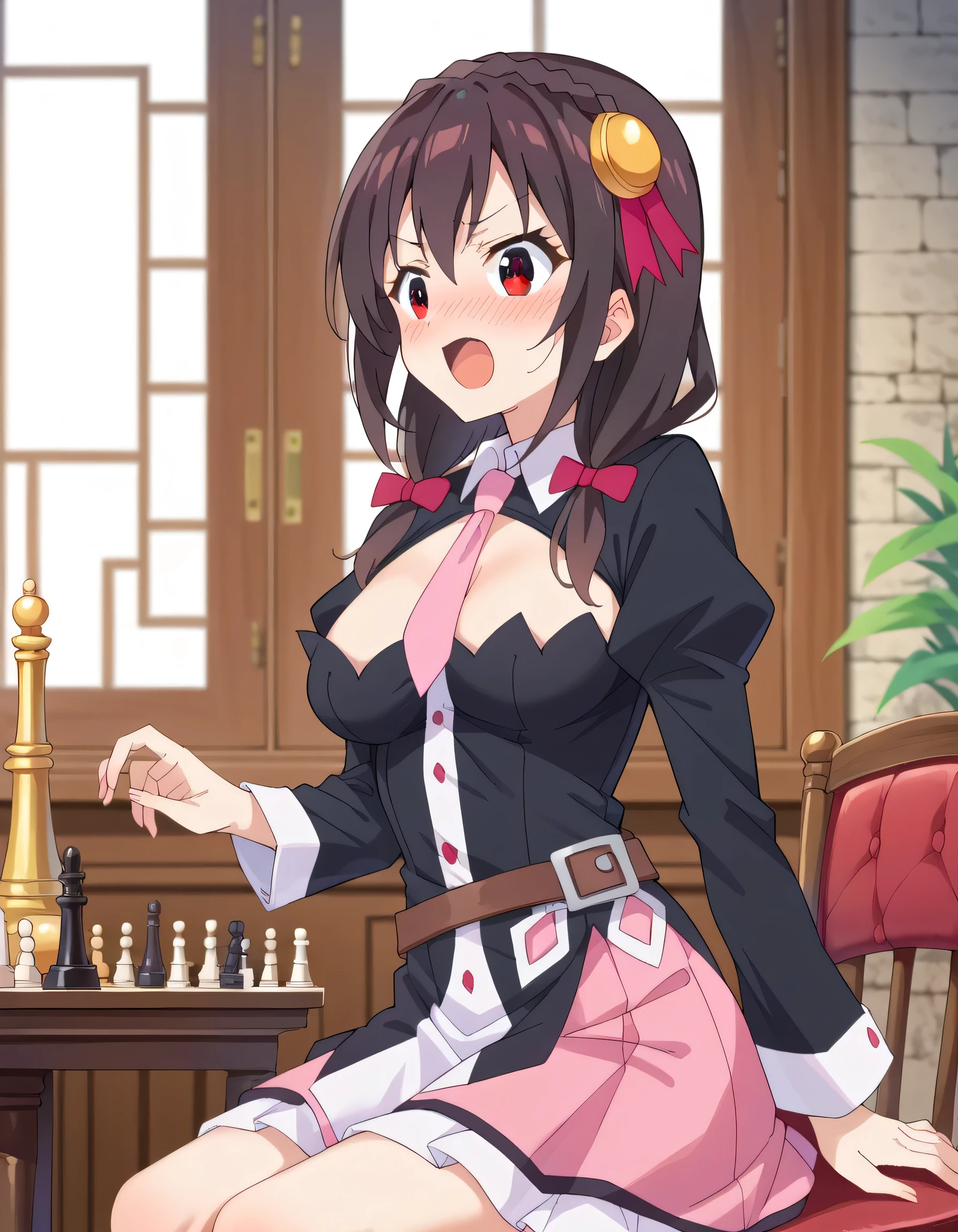 (masterpiece, Highest quality), One girl, Yunyun,Long Hair,Braiding,Twin tails,Hair between the eyes,Red hair ribbon,hair ornaments,large round breasts,、Pink Skirt、Black Hair、Crown Blade,Black Shirt, Long sleeve,Pink tie, belt, Cleavage cutout、Above the knee、(blush)、Young face、(Serious face:1.2)、Playing cards indoors