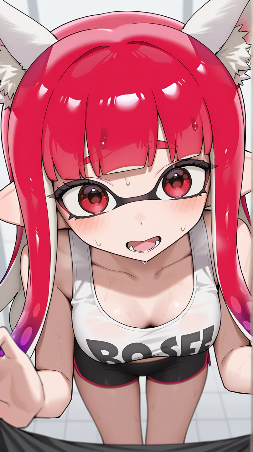 Splatoon Girl、3D anime、From above、close up of face、mouth wide open、Showing throat through mouth、tongue、tongueを突き出す、長いtongue、big breasts、cleavage、wet chest、cheek、Lipstick、