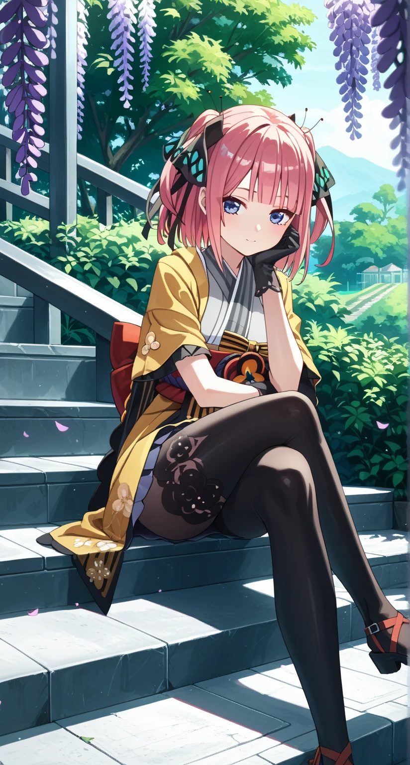 Nino　nanaco、short hair, Twin tails、Pink Hair、 blue eyes, hair ornaments, Hair Ribbon, blunt , Both sides up, butterfly hair ornaments, skirt, No sleeve、Random color see-through kunoichi costume、Japanese see-through female samurai costume、See-through female ninja costume,, Open clothes, Collared dress emphasizes cleavage、胸の谷間のSweat is noticeable、Professional lighting light reflection、 looking at viewer, (masterpiece:1.2), Highest quality, High resolution, unity 8k wallpaper, (figure:0.8), (Beautiful fine details:1.6), Highly detailed face, Perfect lighting, Highly detailed CG, (Perfect hands, Perfect Anatomy),heavy rain、heavy rainで全身びしょ濡れ、heavy rainで全身びしょ濡れの服、High heels、 ((Perfect handsの形))、(Perfect foot shape、Embarrassed expression、blush、Gestures to seduce a man、Shining Sweat、Perfect Skin,Sweat is noticeable、太もものSweat is noticeable、 Fair skin,Tight waist, Sweating profusely、Sweaty hair、Sweaty clothes、Sweaty、Visible sweat、rain-wet hair、A vast Western church with stained glass windows