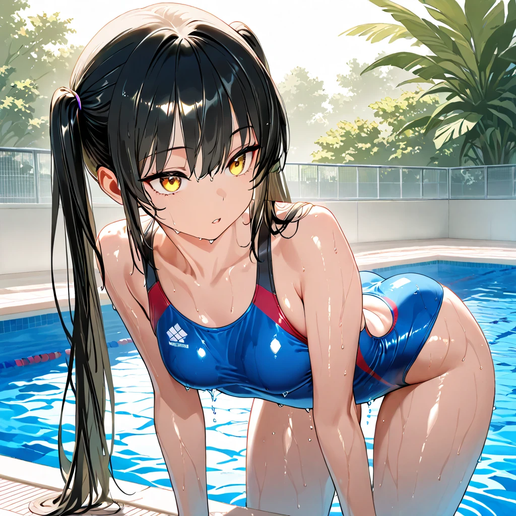 Best Quality, masutepiece, Portrait, , 1girl in, Kotegawa Yui, Black hair, Long hair, Long bangs, Brown eyes, medium udder, bath, Looking at Viewer, Smile,Photo from below、((Competitive swimsuit))、((pantyhose))、((Whole body gets wet))