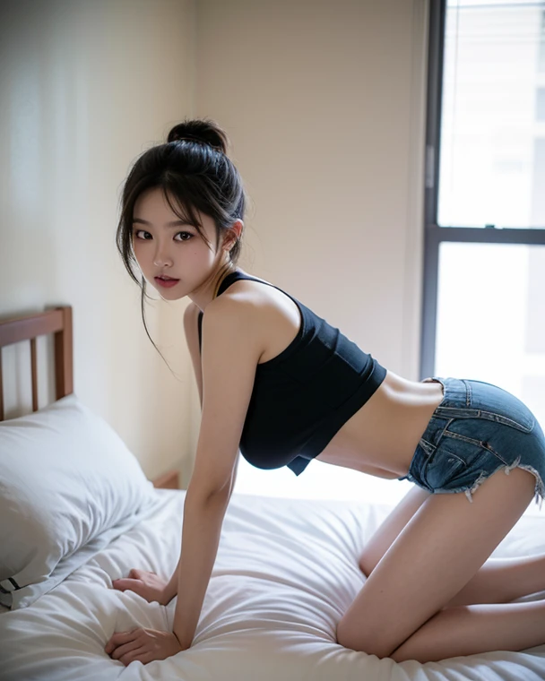 8K, Best Quality, masutepiece:1.2), (Photorealistic:1.4), Raw photo, Best Quality, 超A high resolution　Beautuful Women　Beautiful butt　　gigantic cleavage breasts　tthin eyebrows　on the beds　(Huge breasts:1.2) 　silber hair　silver blond　 Brightly colored clothes that show off your body line　off-shoulder knit　japanese switching　A sexy　2 limbs　Close both eyes　Opening legs　see-through mini skirts　See-through shorts　Sleeping on your side　Sleeping face down　Sleeping on your back　Steamed skin　Number of people: 1 person　Angle of view from which the buttocks can be seen　Backshots