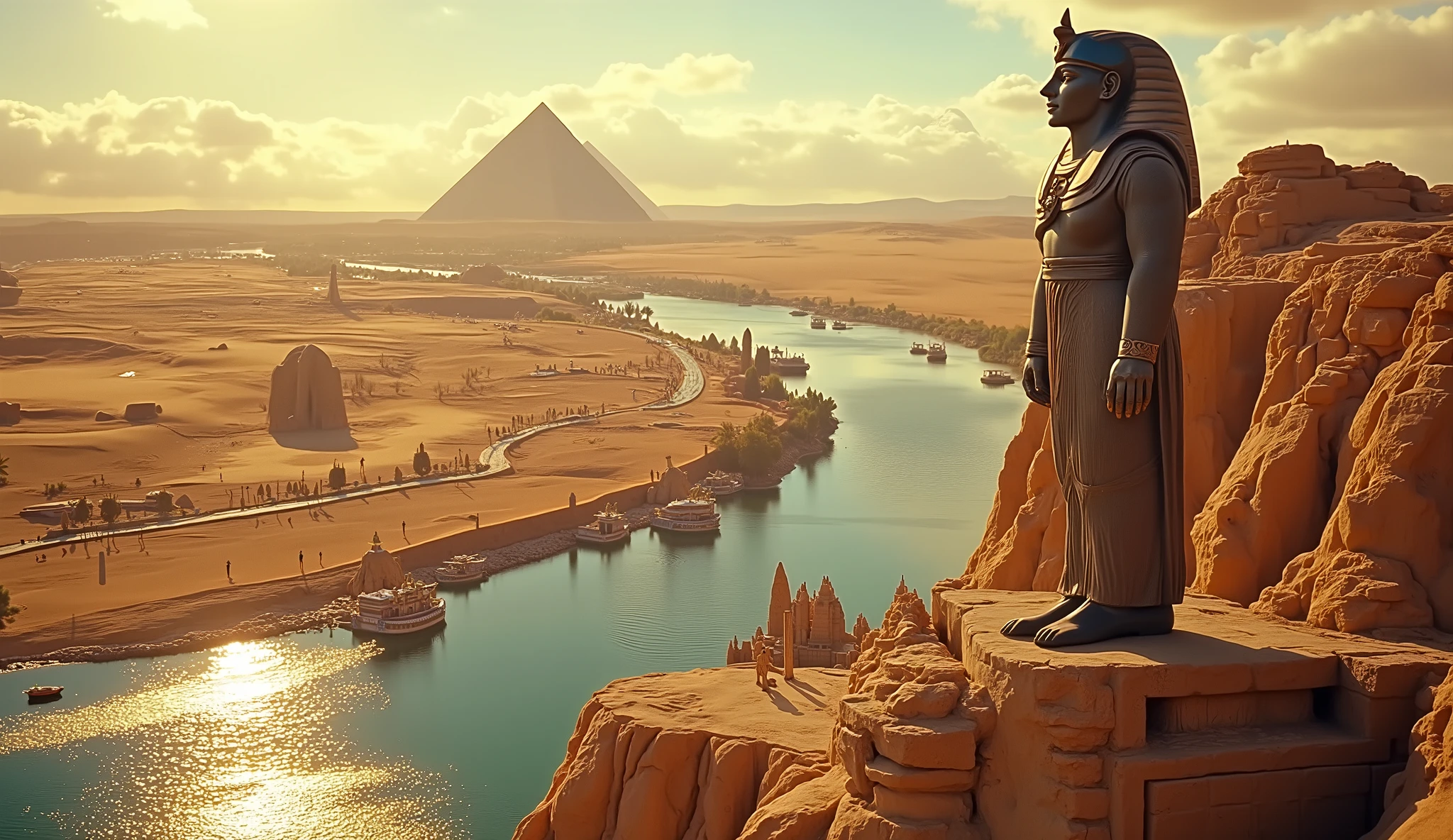 1950s, still film, Ariel view of ancient egypt, pyramid statue and nile river