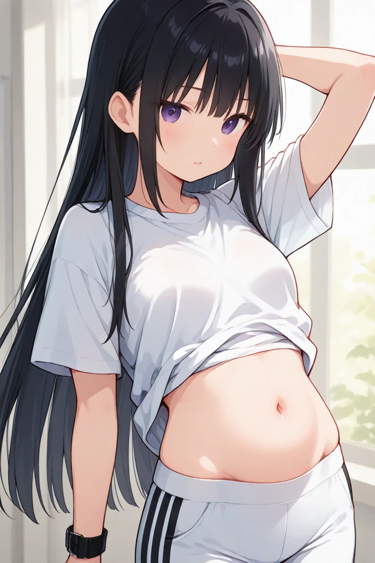 summer、empty classroom、thick、Sweat、、Low length、(((((Eyes hidden by long bangs)))))、(((Long black hair:1.2　hair band)))(((Black-rimmed glasses:1.2　black eye)))、Backlight、evening、Nostalgic atmosphere、Look at this、High position、Full Body Shot、glamorous、(Sexy pink lingerie)、avert your eyes、Plump thighs、Thin pubic hair、(((Front view))), Beautiful details, 16K, Absurd, masterpiece, Very detailed, beautiful girl, Cowboy Shot、Thick thighs、glamorous、(Grab your panties and pull them down)、((Take off your panties、Put your panties down))、Pubic hair is visible、White T-shirt、Standing forward、View from below