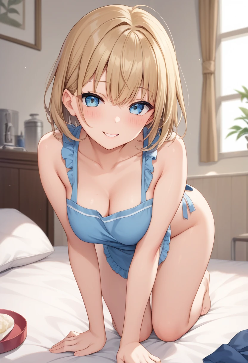 (pink tight shorts), blonde hair, short curly hair, blue eyes, little clothing, exposed skin, topless, navel, ((cute innocent face, open mouth, allure)), [[playful]]], [[[bedroom]]], front-view, [[Leaning forwards]], head down, butt up, arched back, provocative position, cleavage, sexy, arousing, realistic, ((perfect symmetrical body)), (slim hip), soft light, dawn light)), bloom, 1girl, super model body, very slim body, thin, super model body, ultra-detailed CG, 8k, high detailed, realistic, solo, intricate details),
