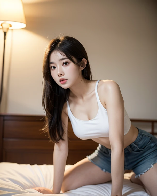 1girl, smily japanese, 18yo, (highly beautiful detail face:1.3), idol face, kawaii, lewd_look, erotxpression, baby face, detailed eyes, facial lighting, (chiseled face), pure skin, shiny skin
BREAK
best quality, masterpiece, ultra high res, (photorealistic:1.4), RAW photo, (perfect anatomy), physically-based rendering, depth of fields, looking at viewer, perfect composition
BREAK
(open mouth), oversize_tanktop, (hot_pant), (Put your knees up and spread your legs in an M-shape:1.3), (lean back:1.3), (cleavage), wide hip, straight hair, short hair, small mouth, in bedroom