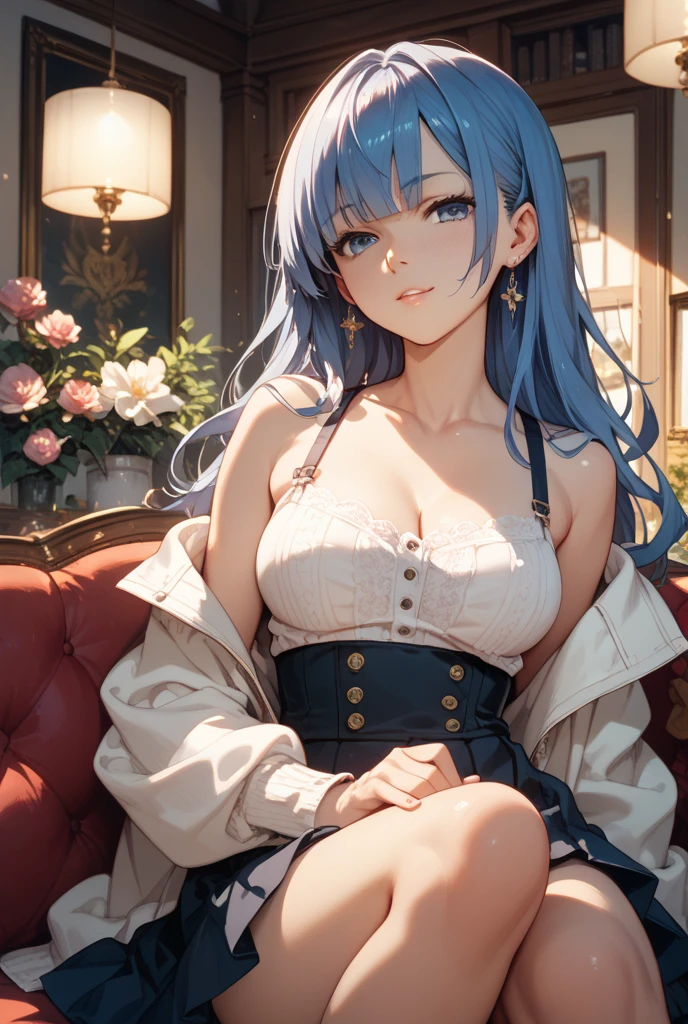 Character Details:, - Gender: 1 Girl.
- Style: Anime, - Body Type: Attractive body, slim body, nice legs, slim tights, nice arms, nice shoulders. - Breast: ((Small Breast:1,5)), Cleavage.
- Facial Features: Beautiful, Gorgeous, ager, Fresh, Young.
- Expression: Smile, Pink Blush on Face, Sexy Eyes, Sexy Look, Innocent Look, Tipsy. - Hairstyle: Blunt Bangs, Long Hair. - Hair Color: Light Blue Hair.
- Clothing: Office Shirt, underwear, stocking. - Body Pose: (Sitting). - Behaviour: Waiting, Want Something, Secretly.
- Accessories: Earrings., Environmental Details:, - Setting: Office Room., - Lighting: Natural Light., - Decoration: Modern Office Desk, Chair, Window, White Curtain, City View. Top view. pov, anime style, UHD, retina, masterpiece, accurate, anatomically correct, textured