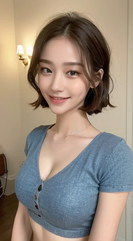 ((Best Picture Quality, 8K, tmasterpiece:1.3)), 1girl, Beautiful woman with slender abs:1.3, (Casual hairstyle, Leaky big breasts:1.2), shift dresses:1.1, Ultra-fine face, Detailed eyes, double eyelid,smile,Big Breasts,Cleavage,Cleavage, sweat, blush, narroweyes, open mouth,