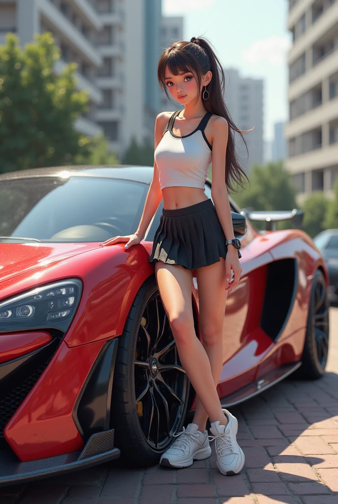 masterpiece, 8k wallpaper, ultra realistic photo, uhd, 8k, ultra detailed, 1 girl only, beautiful girl, perfect face and detailed eyes, looking at the viewer, detailed skin, Amazing realistic image of a beautiful girl in sexy semi-open sports outfit showing her panty (cameltoe), nipple breast on cloths, long flowing hair, squatting at front of Lambo sports car
