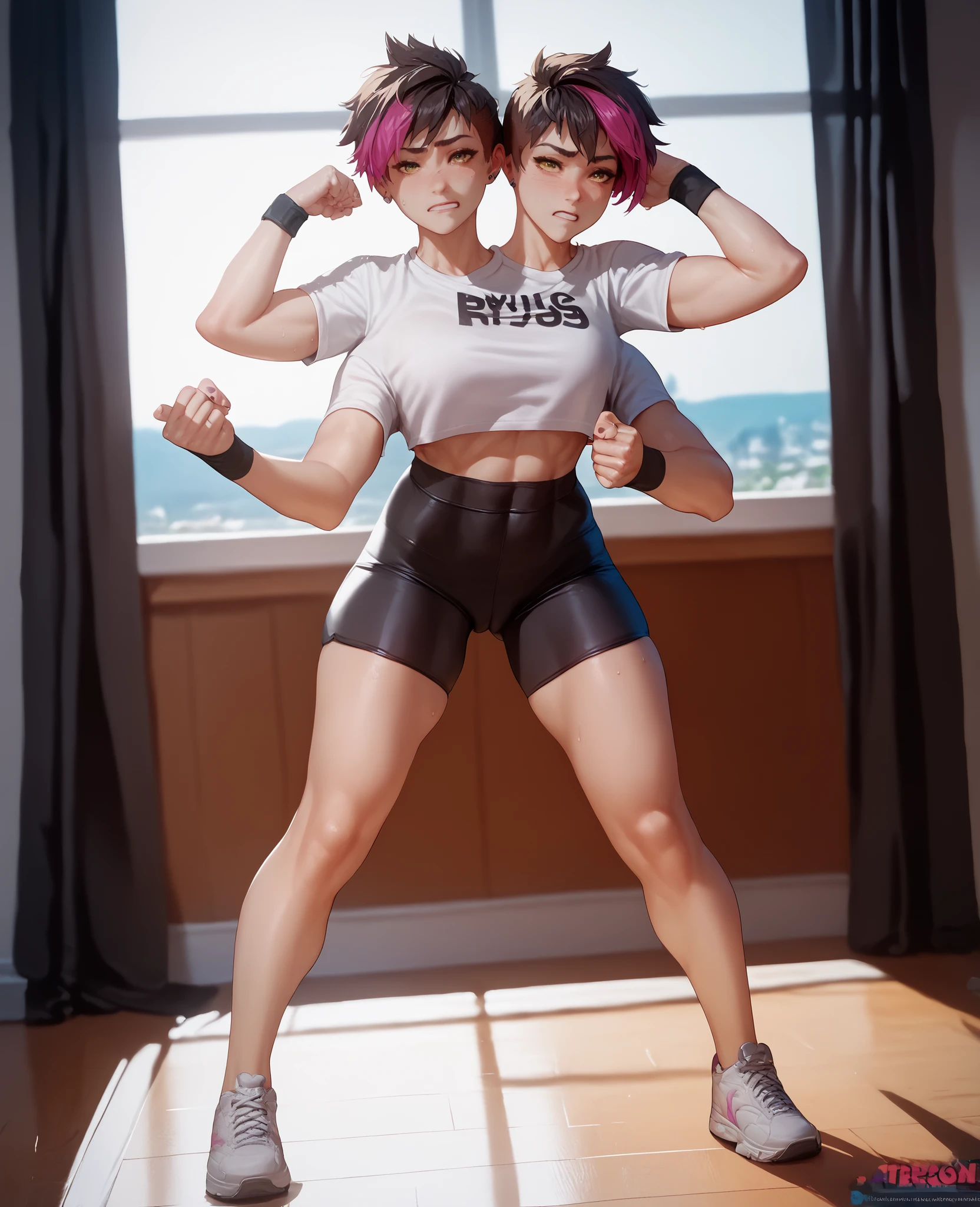 2heads, young woman, 8, tomboy, multi colored hair, pale skin, thin build, shy, tight yoga shorts, legs, (full body), dynamic pose, four arms,