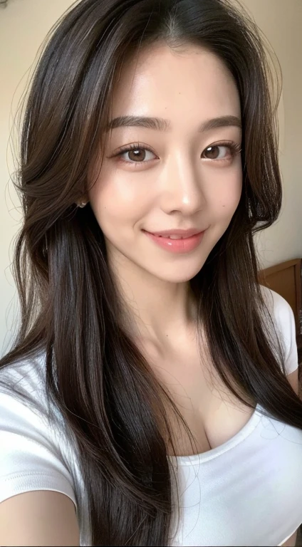 Highly detailed CG Unity 8k wallpaper, of the highest quality, masutepiece, Realistic, photographrealistic, extremely detailed cute girl, 21years old, Super small breasts, (get sweaty) , Round eyes, viewer, blush, Smile, Parted lips, Half body shot 、(Brown semi-long hair、Long Sleeve Yoga Wear)、Realistically reproduced , spats , sports gym、full body Esbian、Slimed、A slender、Model body type、beauty legs