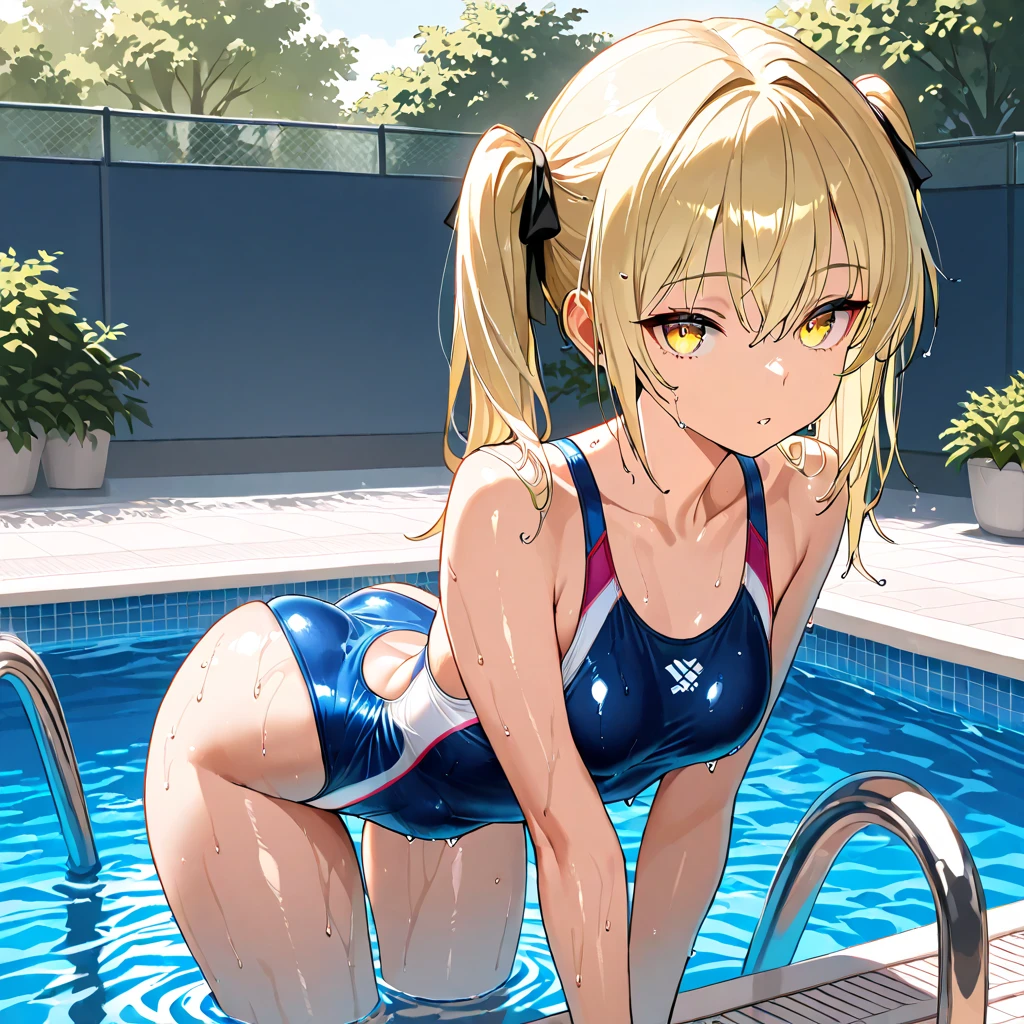 (masterpiece:1.2, Highest quality), 1 Female, alone, School Swimsuit, Pool, Day, sit, blonde, Twin tails, Red eyes, Open Collaboration, Dark Skin, (Open chest:1.1),