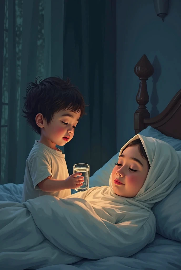 At night, a middle-aged lady is lying in bed with a blanket on her.
At his head stands a twelve-year-old boy with a glass of water in his hand.
The scene will be Arabic.