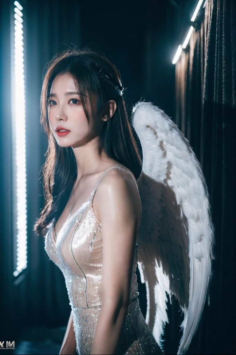 ((top quality、8k、​Masterpiece:1.3))、Extremely delicate and beautiful girl，Very white skin，fiery red lips，Waist is very thin，Thighs are very thin，，White and smooth skin，Smooth and fair skin，flawless skin，Fair and shiny skin，cold white skin，The camera focuses on the chest，bright light，hair is white，hazy light rays，hazy light rays，There is a pair of huge white wings on the back，blurred white background，Long white dress，light blonde hair，The hair is light blonde，Angels come