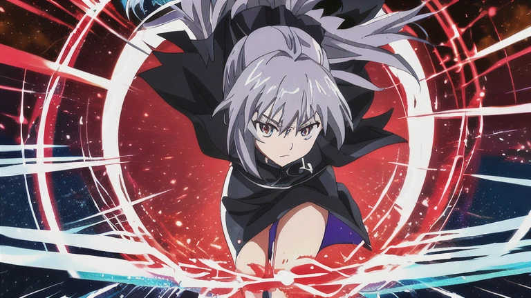 simple background,(((looking at viewer))),standing,staring straight,1girl,(((intricate iris, white hair,redeyes,))),evil smile,black jacket,leotard,inner glowing eyes,reinforce, 1girl,(((silver hair,red facepainting,evil smile))),cowboy shot,hakurei reimu, mahou shoujo lyrical nanoha,black hair bow, black ascot, black hair tubes, black miko detached sleeves,